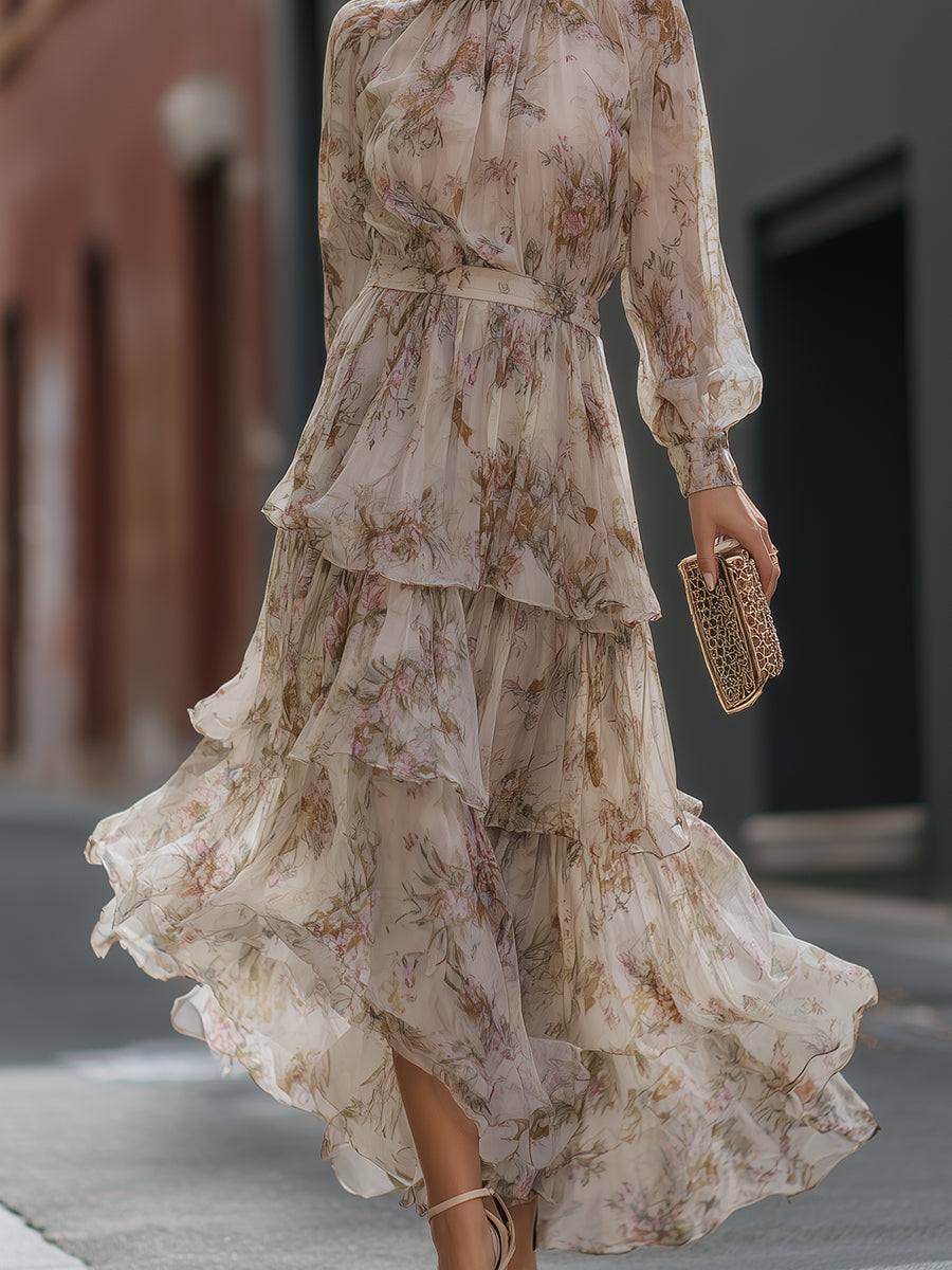 High Neck Tiered Floral Maxi Dress