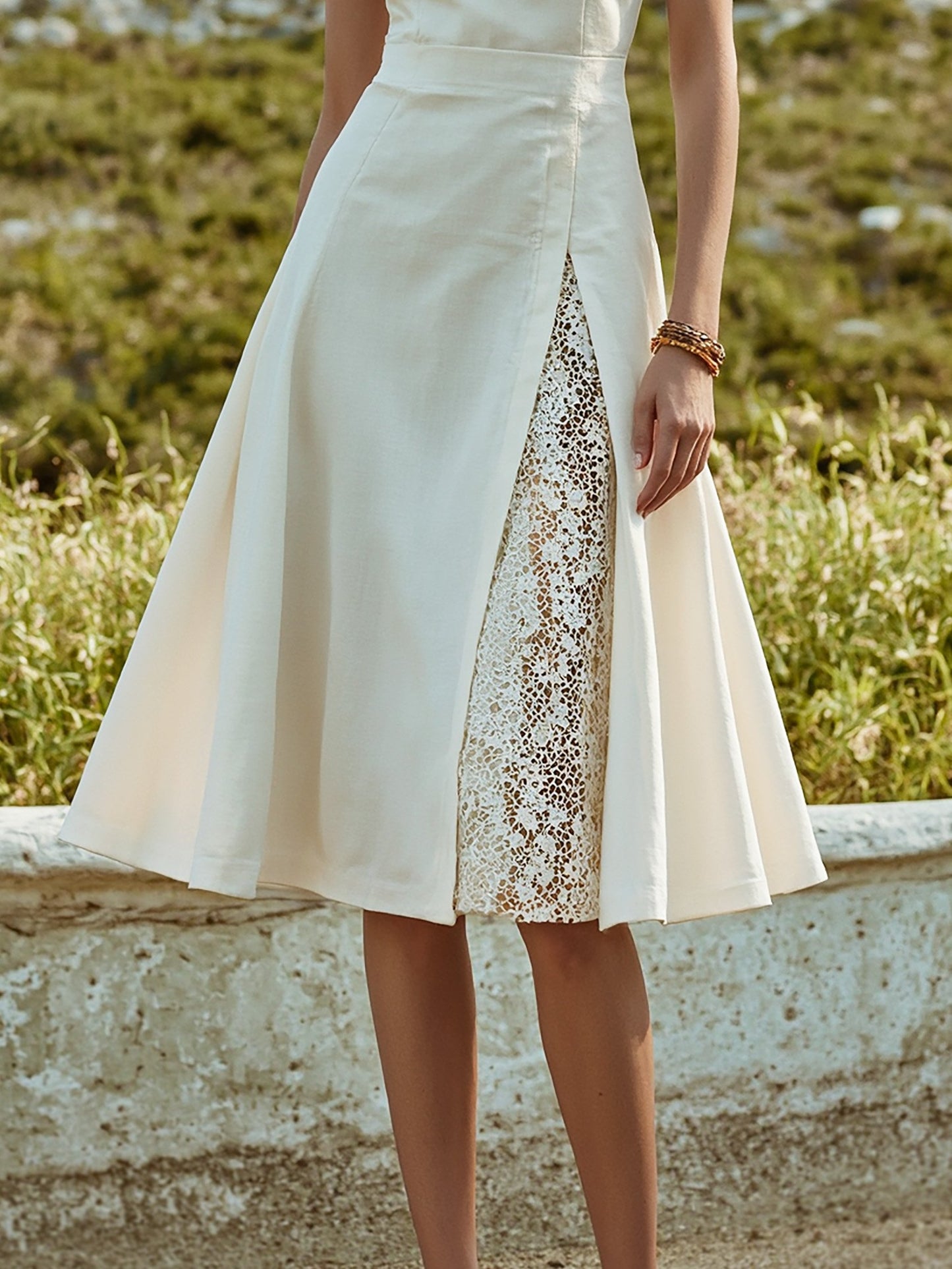 Midi Linen Dress , Sleeveless, Round Neck, Plain, Lace, French Vintage, White