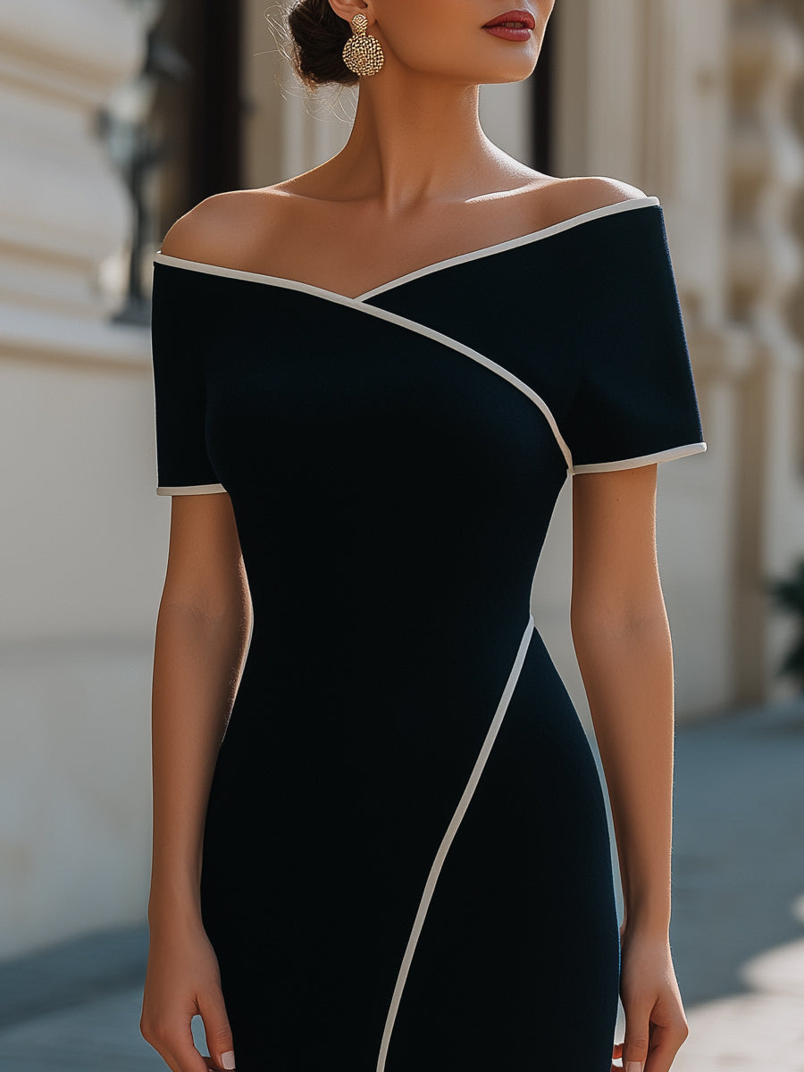 Off-Shoulder Contrast Trim Tailored Sheath Dress