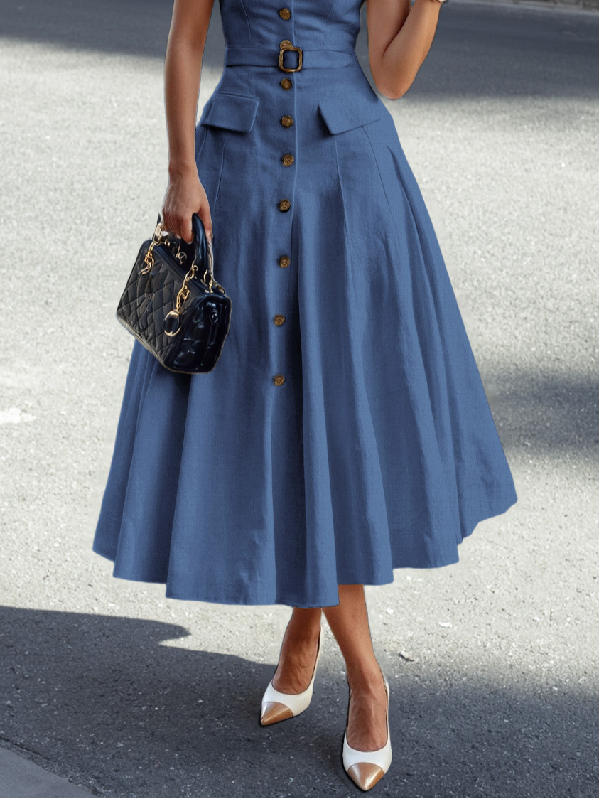 Midi Linen Dress, Short Sleeves, Shawl Collar, Plain, Button Design, French Vintage, Blue