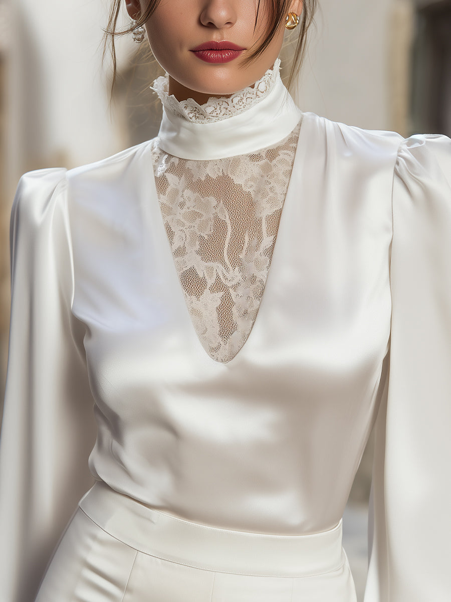 Lace-Detail High Neck Satin Blouse