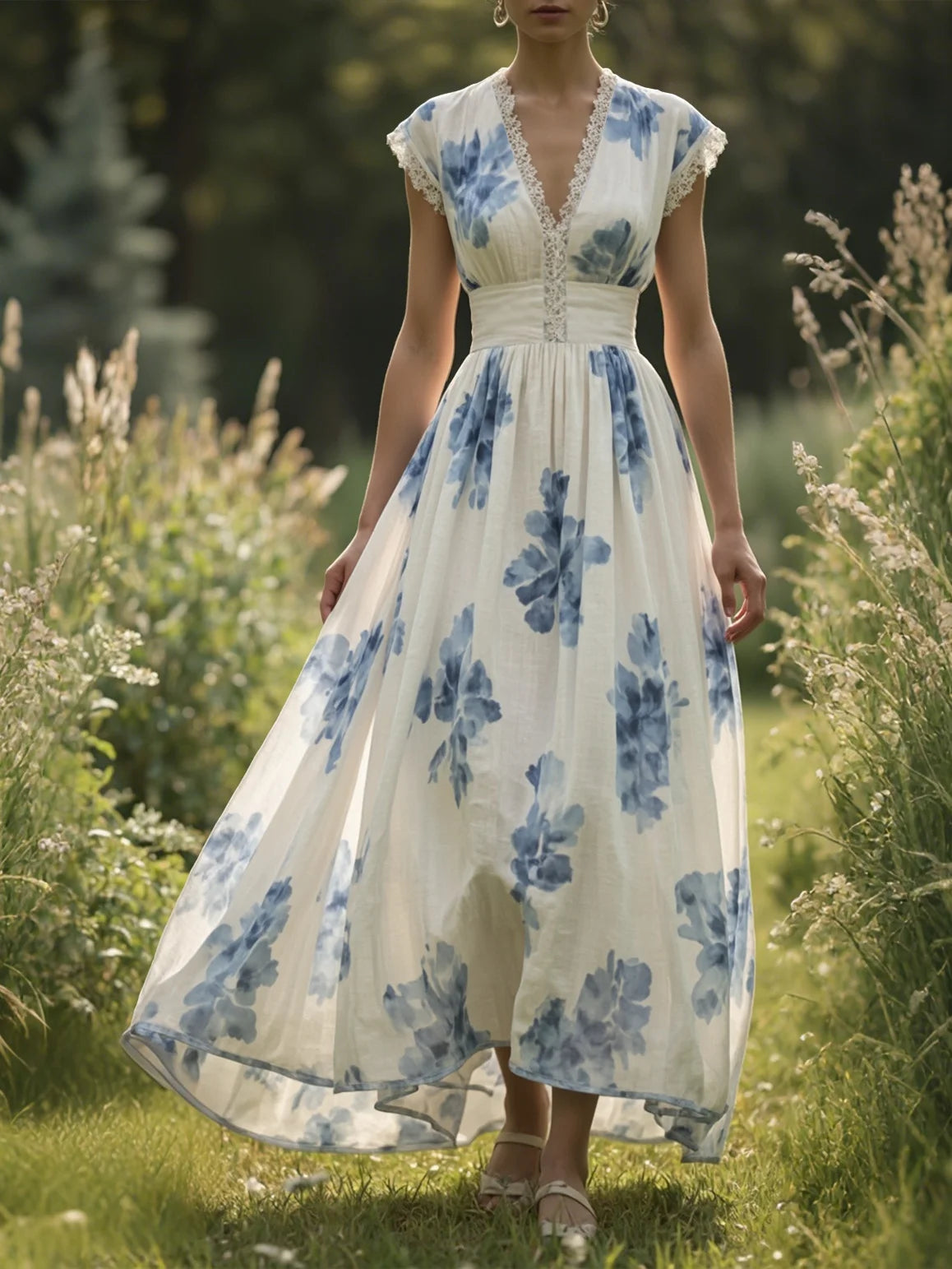 (SIZE:XS-XXL)Linen Maxi Dress, Sleeveless, V neck, Floral, Vintage, Green