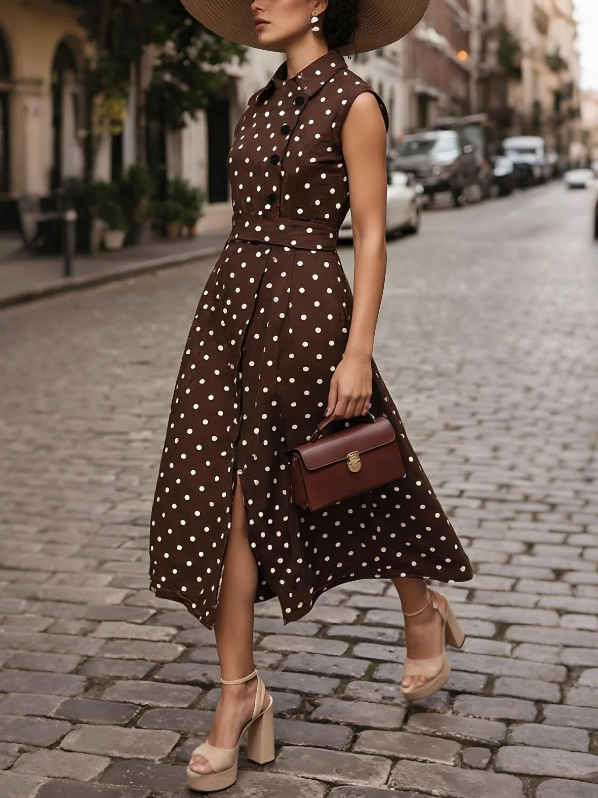 Midi Cotton Dress , Sleeveless, Shawl Collar, Polka Dots, Button Design, French Vintage, Purplish Blue