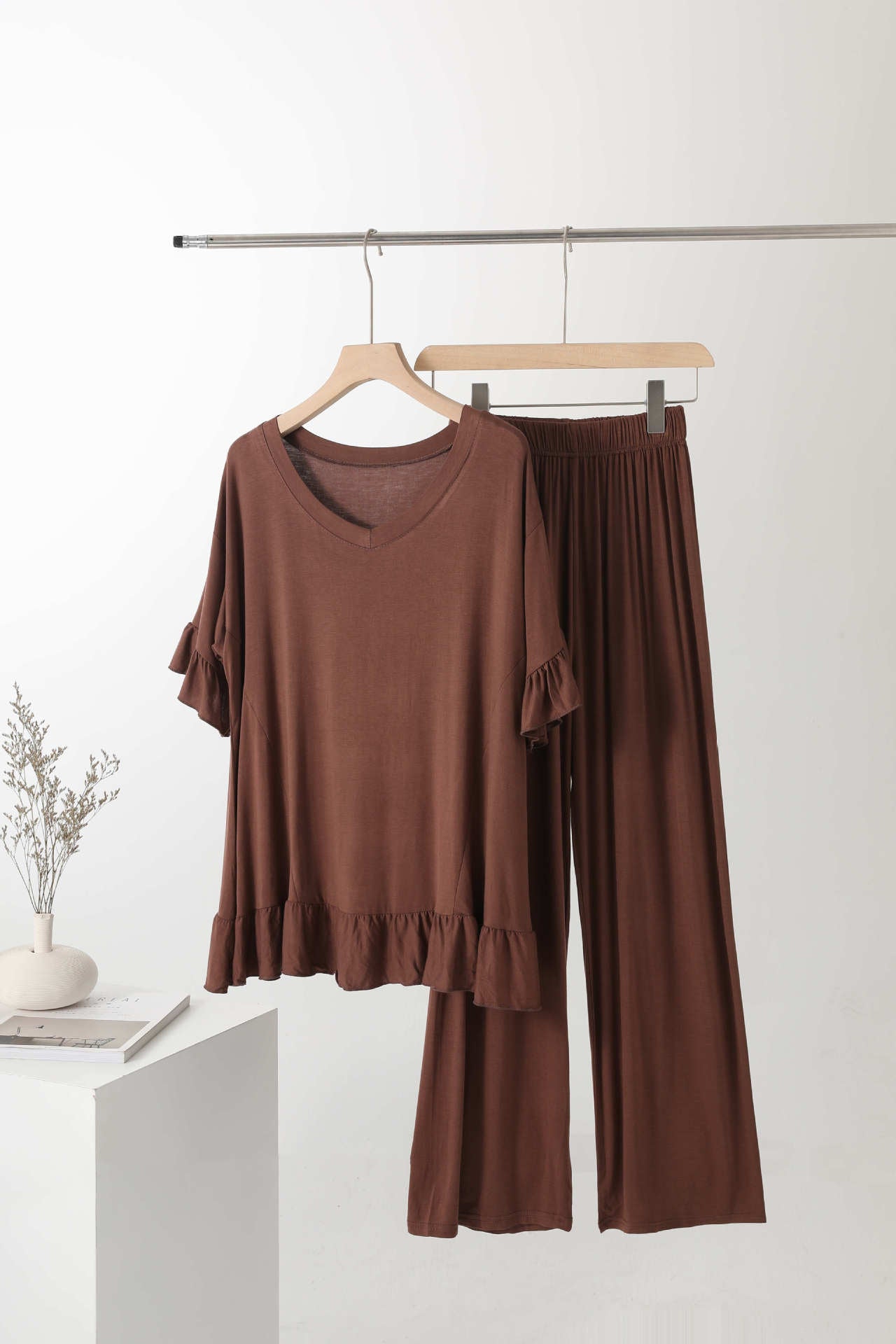 Modal Thin V Wide-Leg Pants Two-Piece Pajamas Indoor Clothes