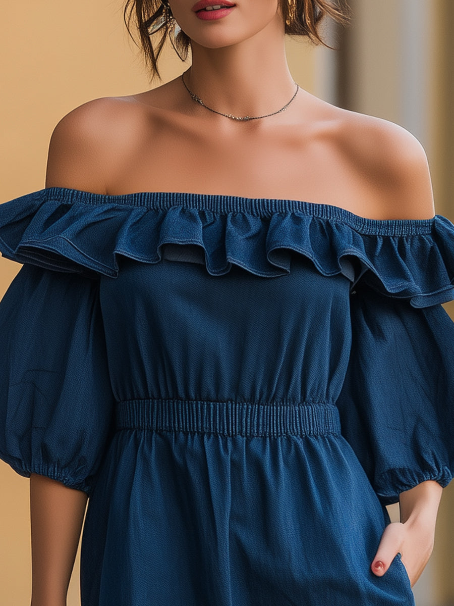 Dark Blue Off-the-Shoulder Ruffled Denim Mini Dress