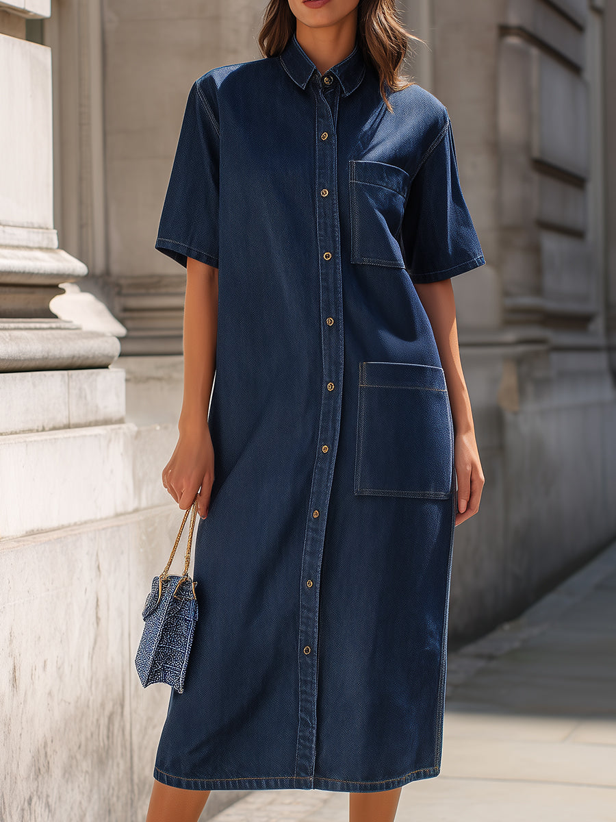 Utility Pocket Denim Shirt Midi Dress