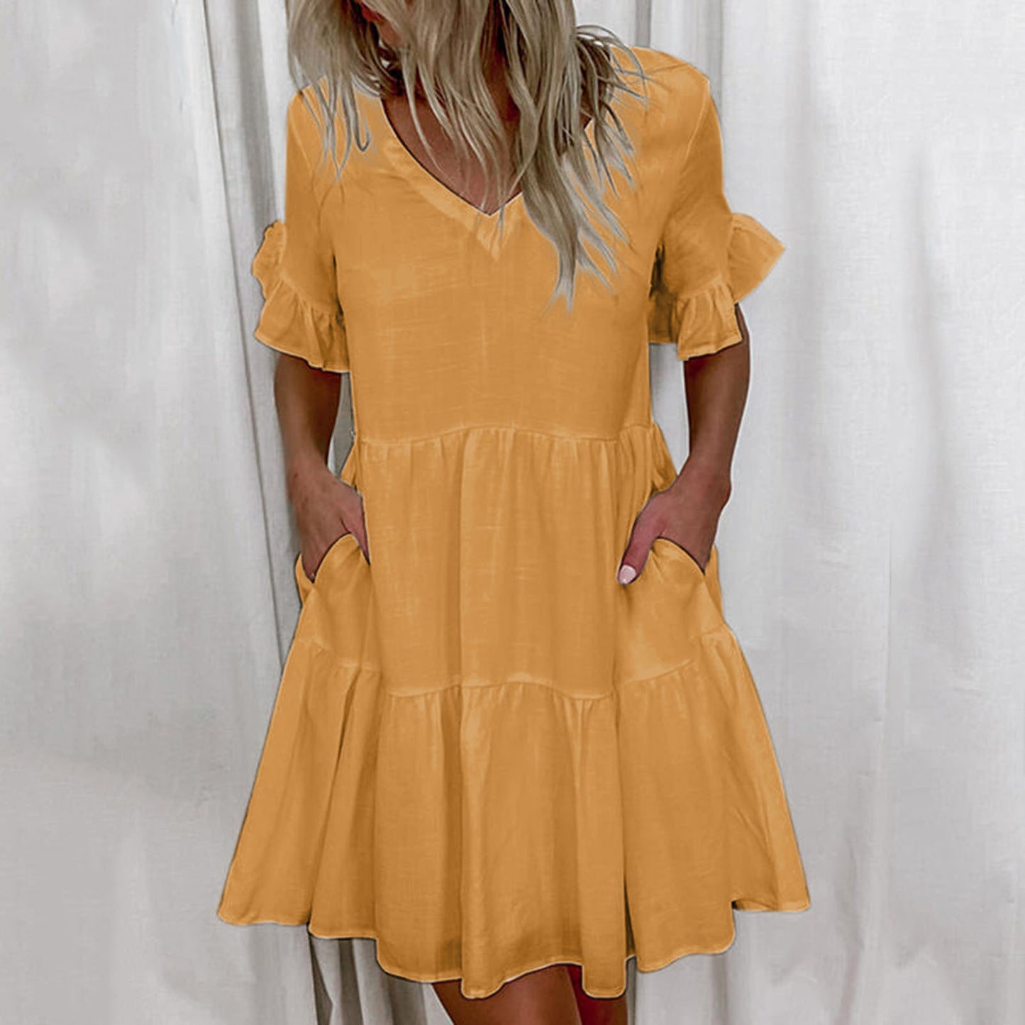 V-neck Solid Color Pocket Dress