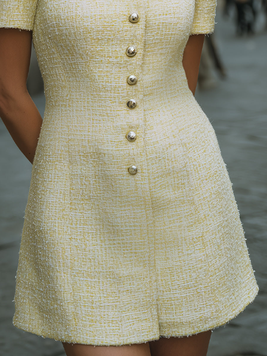 Elegant Soft Yellow Tweed Button-Front Mini Dress
