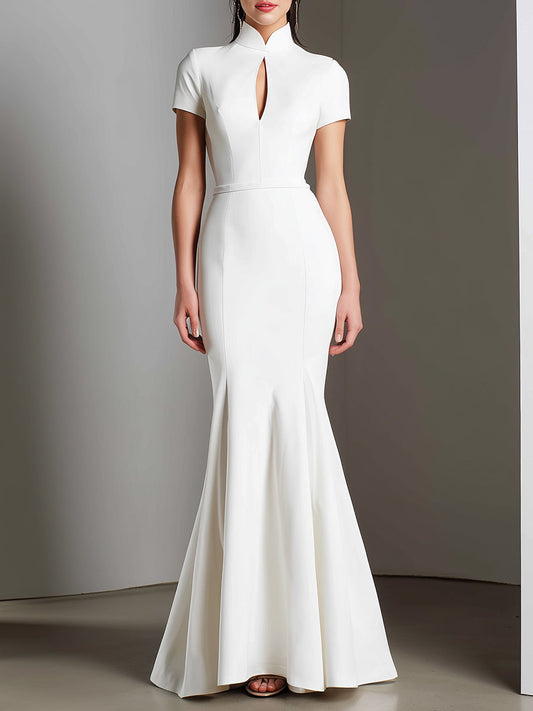 White Mandarin Collar Mermaid Dress With Keyhole Detail