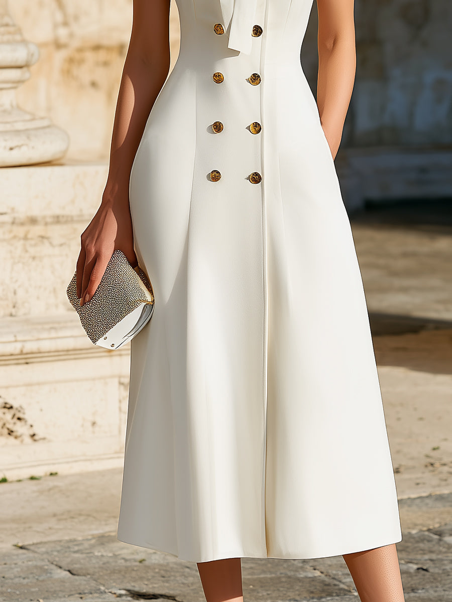 Sleeveless Tie-Neck Double-Breasted Midi Dress