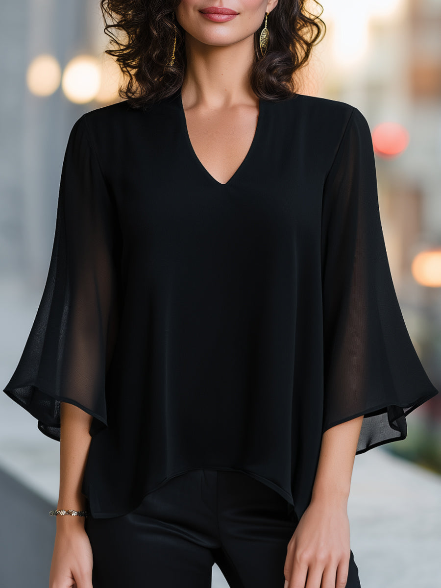 V-Neck Chiffon Cape-Sleeve Blouse