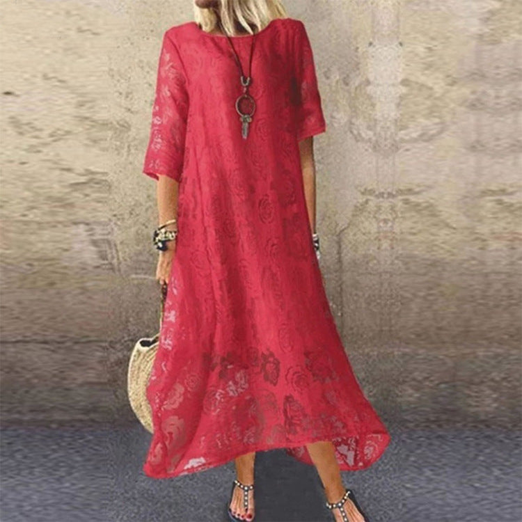 Plus Size round Neck Short Sleeve Lace Long Casual Dress