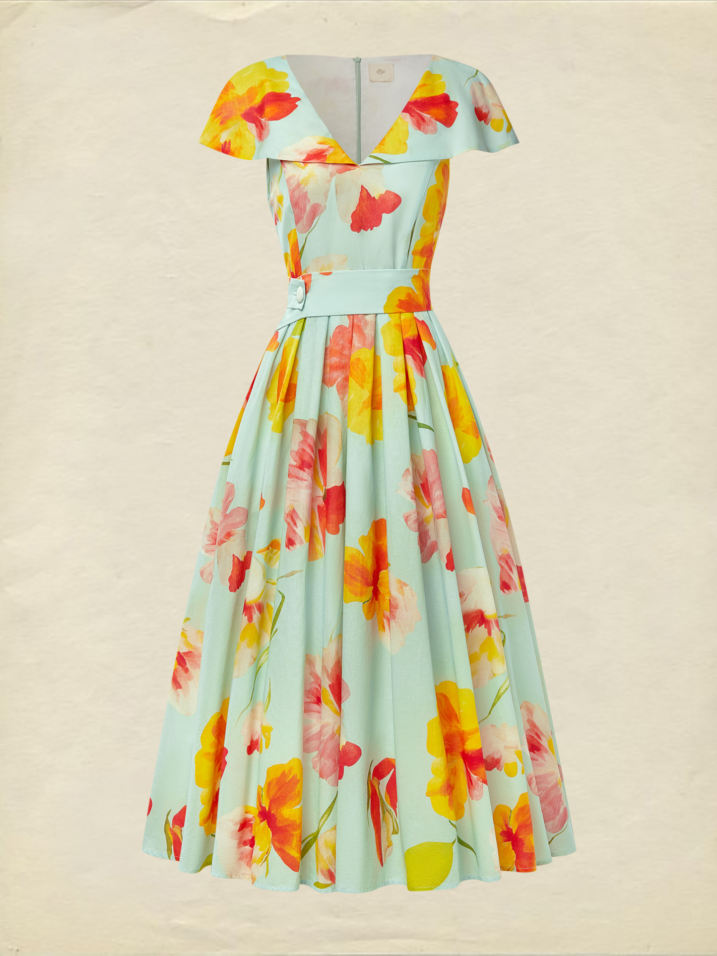 Midi Linen Dress , Short Sleeves, V Neck, Floral, Pocket Design, Vacation, Vintage, Green