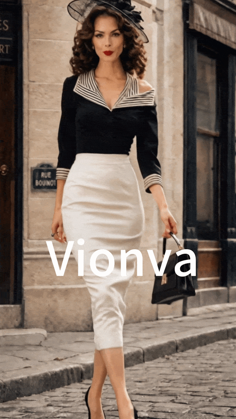 Vintage Black Striped Collar Bodice Ivory Bodycon Dress