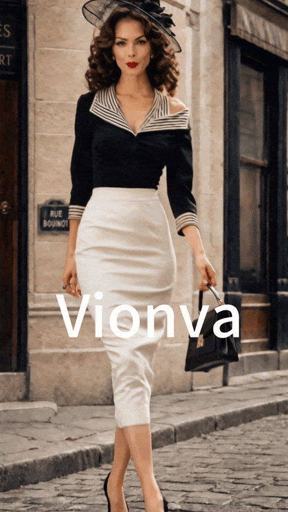 Vintage Black Striped Collar Bodice Ivory Bodycon Dress