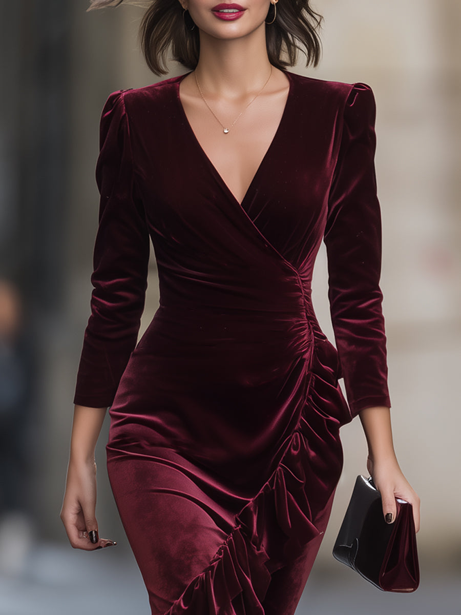 Burgundy Velvet Wrap Midi Dress ¨C Luxe Silhouette With Romantic Ruffles