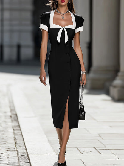 Black White Contrast Trim Midi Dress