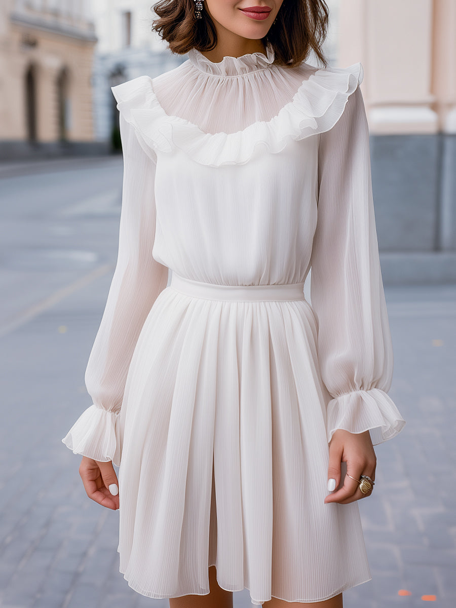 Ruffled High-Neck Chiffon Long-Sleeve Dress