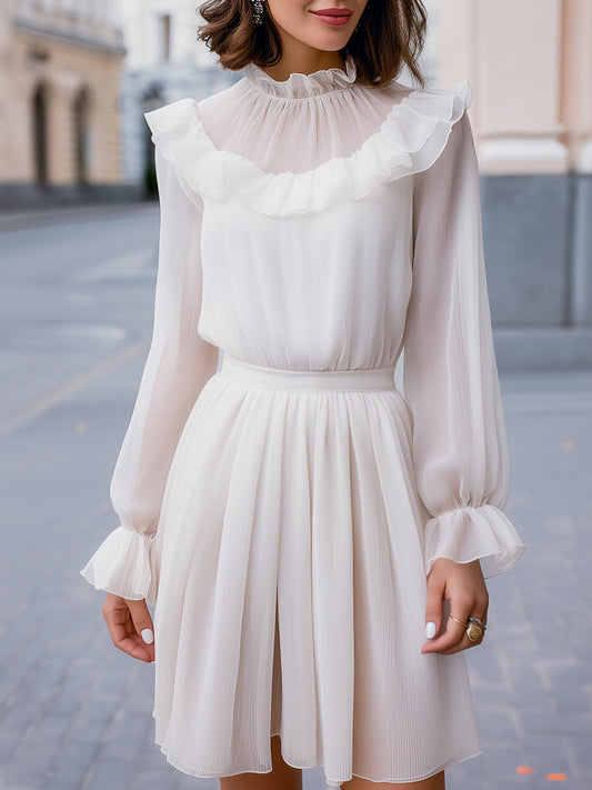 Ruffled High-Neck Chiffon Long-Sleeve Dress
