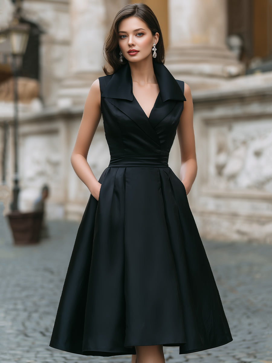 Elegant Sleeveless Wrap-Collar Midi Dress