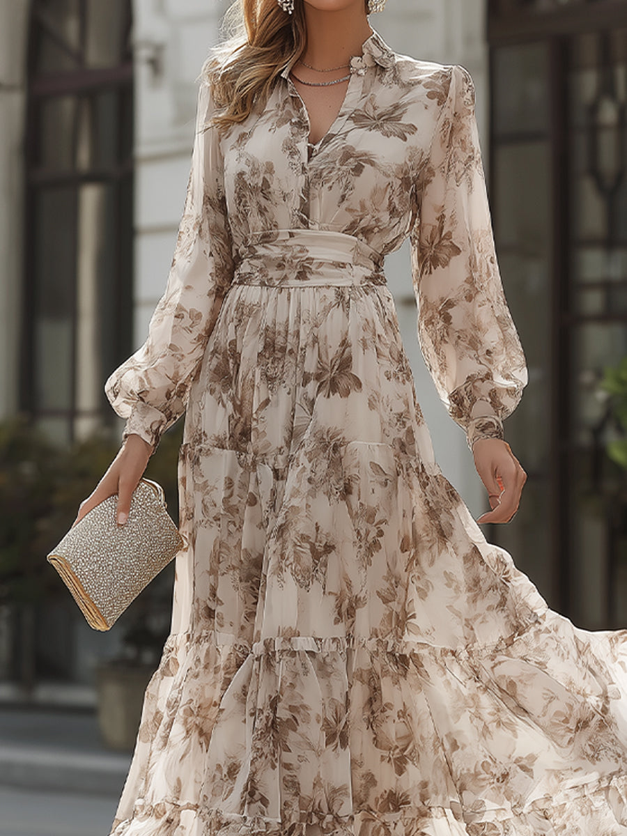 Floral Print Tiered Belted Maxi Dress