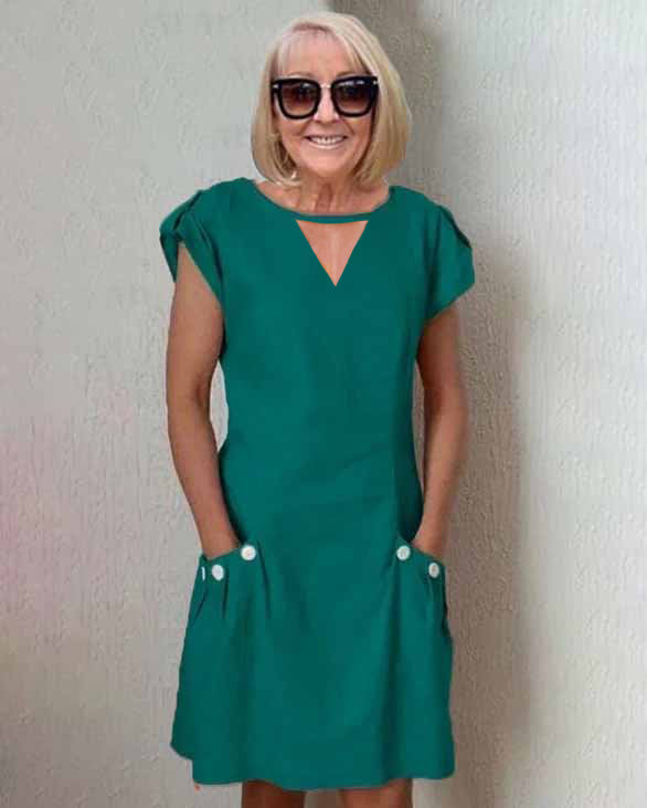 V-neck Pocket Short Sleeve Cotton Pencil Tunic Dress