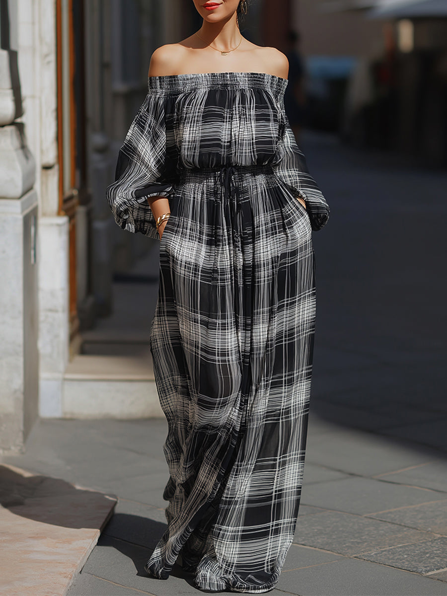 Elegant Off-the-Shoulder Plaid Maxi Dress