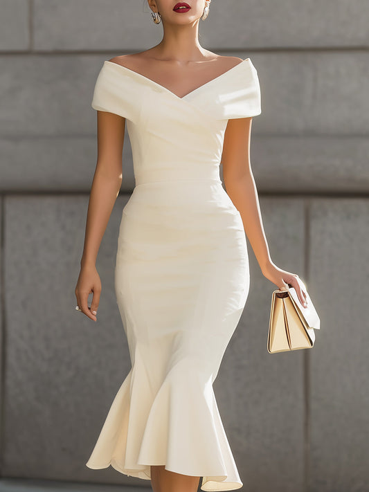 Ivory Off-the-Shoulder Mermaid Midi Dress