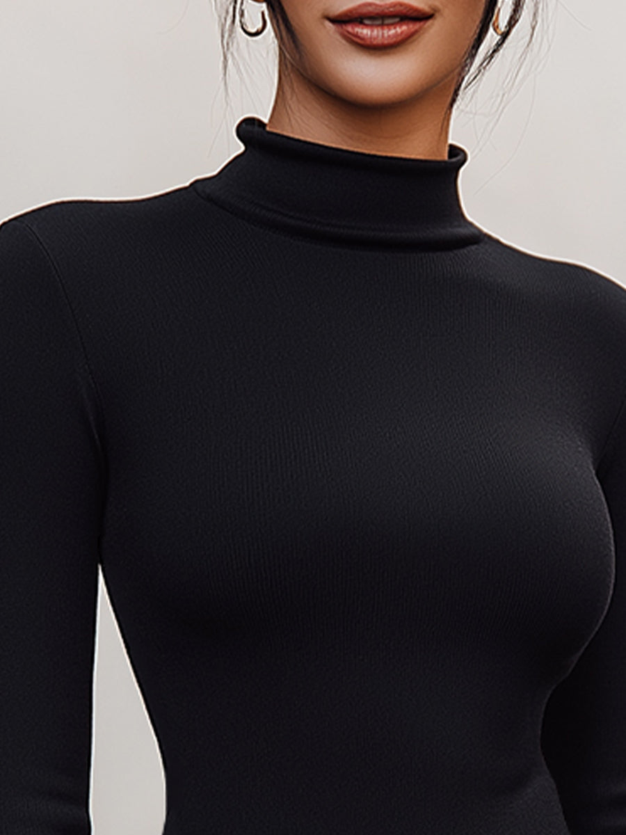 Elegant Rib-Knit Mock Neck Mini Dress With Bell Sleeves