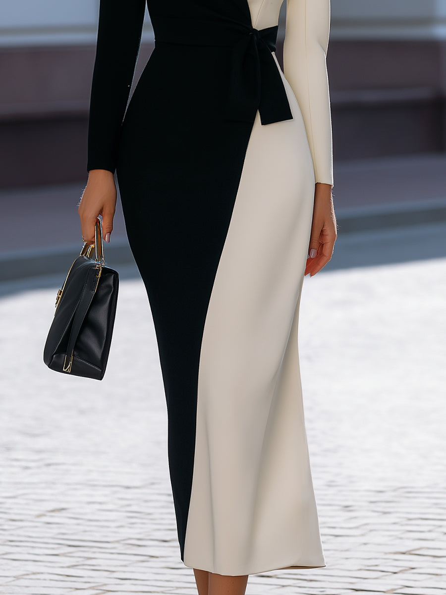 Color-Block Asymmetrical Belted Midi Dress