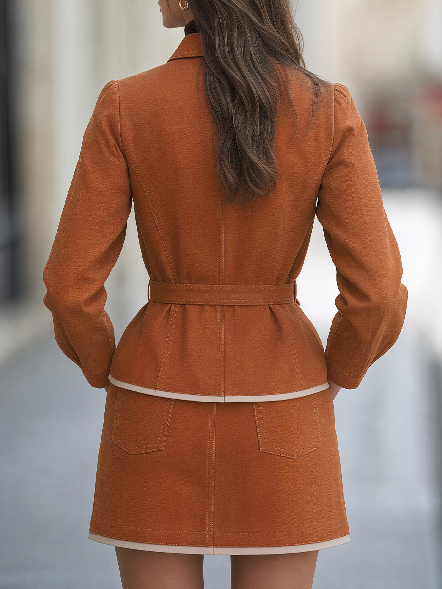 Women's Rust Orange Belted Button-Front Jacket and Mini Skirt Two-Piece Set with Contrast Piping