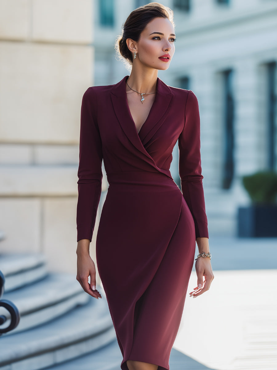Elegant Burgundy Wrap Dress With Tailored Lapel And Long Sleeves