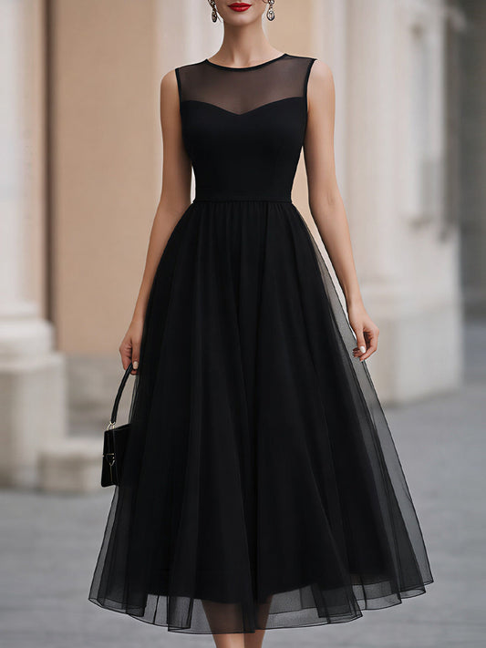 Black Sleeveless Mesh Yoke Tulle Midi Dress