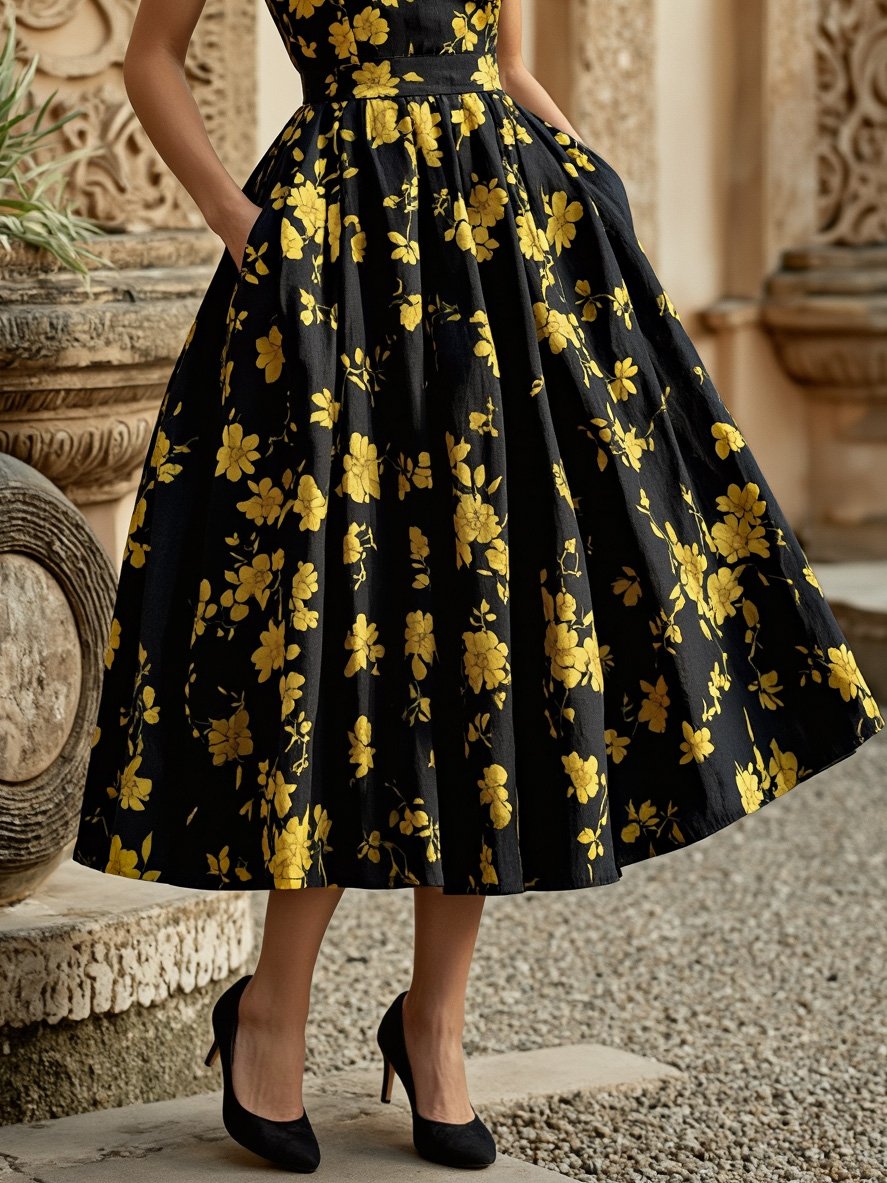 Midi Linen Dress , Sleeveless, Round Neck, Floral, Pocket Design, Vintage, Black