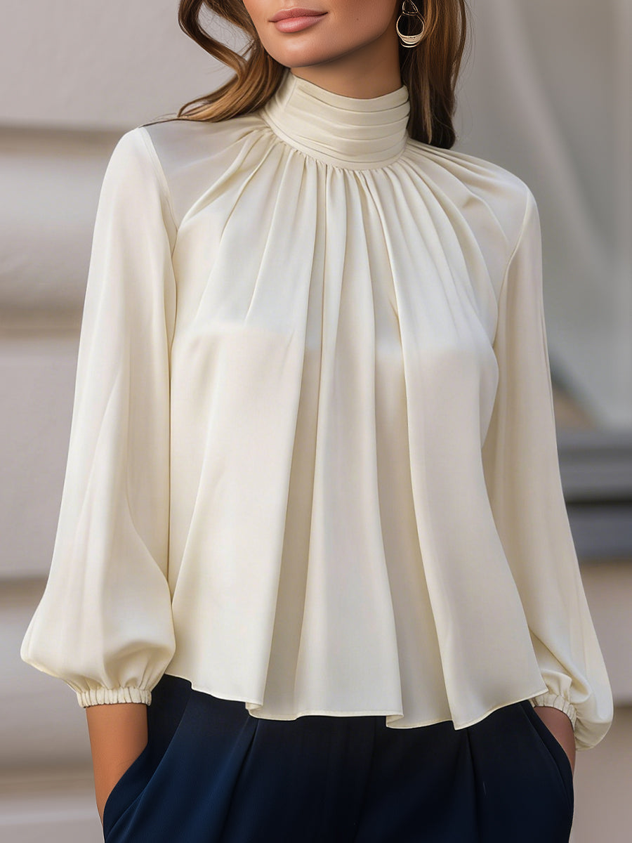 Satin High-Neck Draped Pleated Blouse