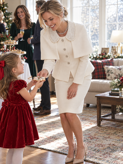 Ivory Pearl Lace Collar Cape Skirt Suit