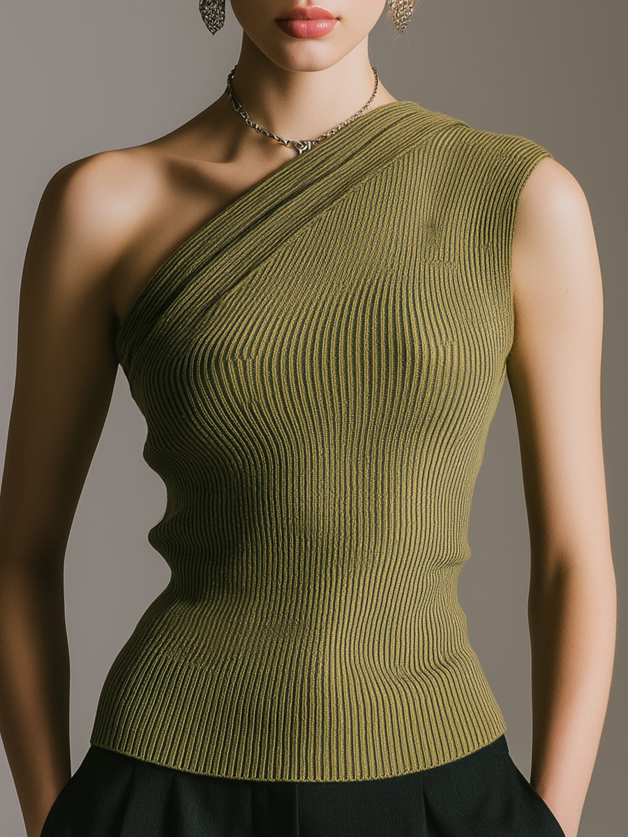 Olive One-Shoulder Ribbed Knit Top