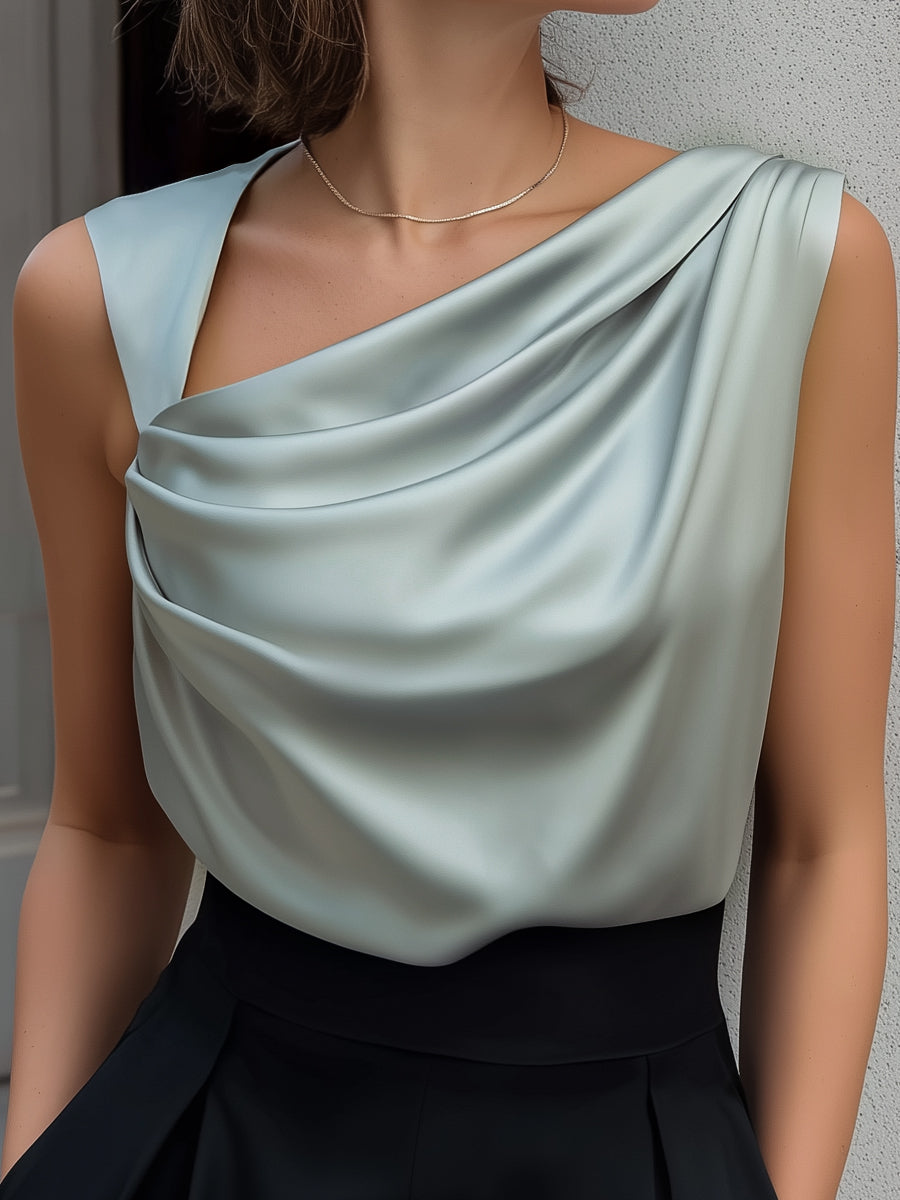 Elegant Sleeveless Satin Draped Neck Blouse