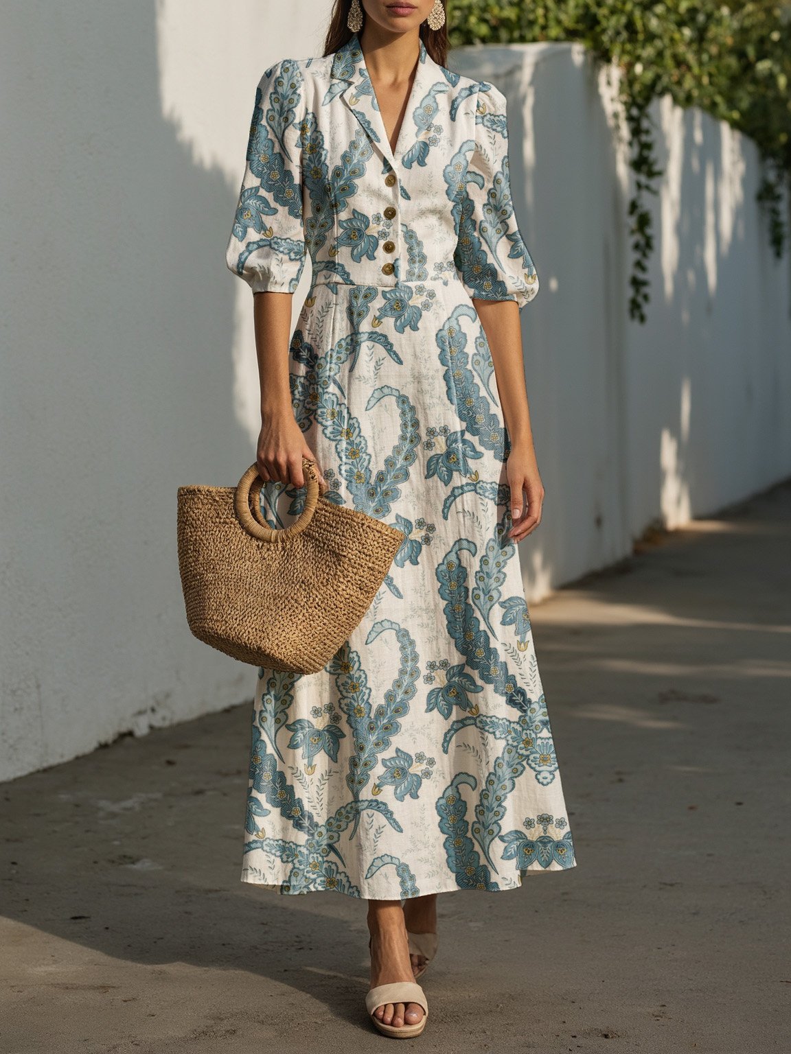 Maxi Linen Dress, Half Sleeve, Shawl Collar, Paisley, Button Design, Vacation, Vintage, White