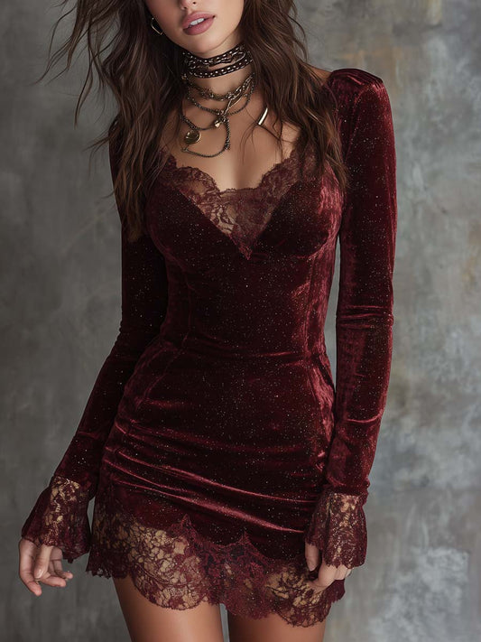 Sparkling Velvet Lace-Trim Mini Dress – Spiced Wine Red