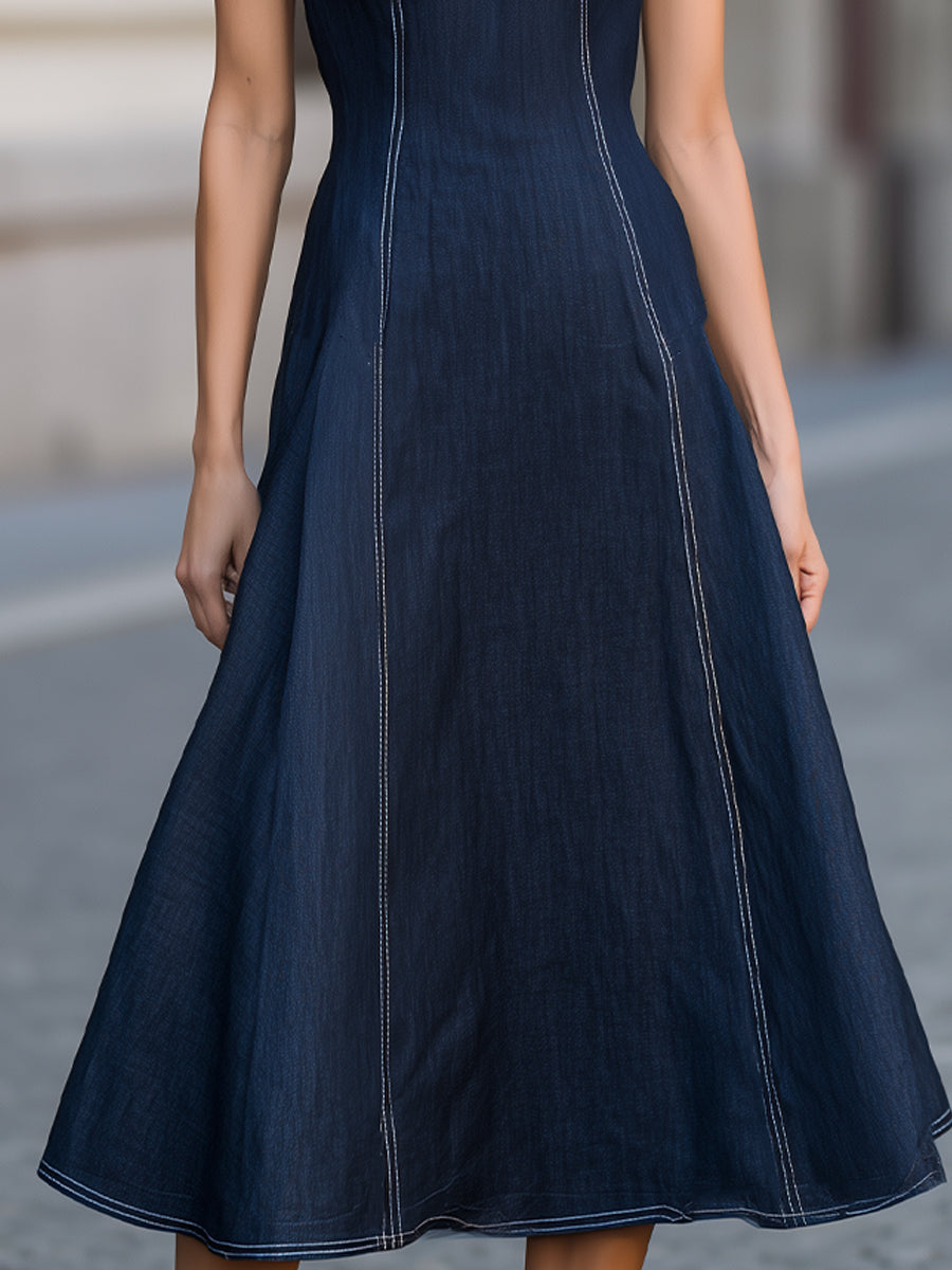 Denim V-Neck Fit-and-Flare Midi Dress