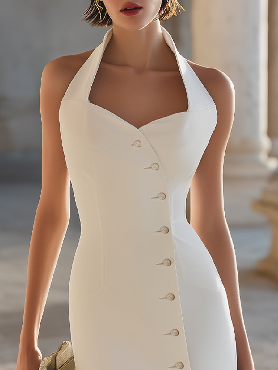 Halter-Neck Buttoned Tailored Mini Dress