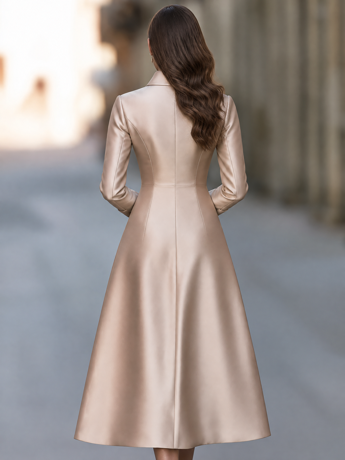 Elegant Champagne Satin Long Sleeve Wrap Front A-Line Maxi Dress