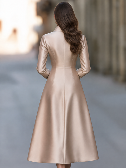 Elegant Champagne Satin Long Sleeve Wrap Front A-Line Maxi Dress