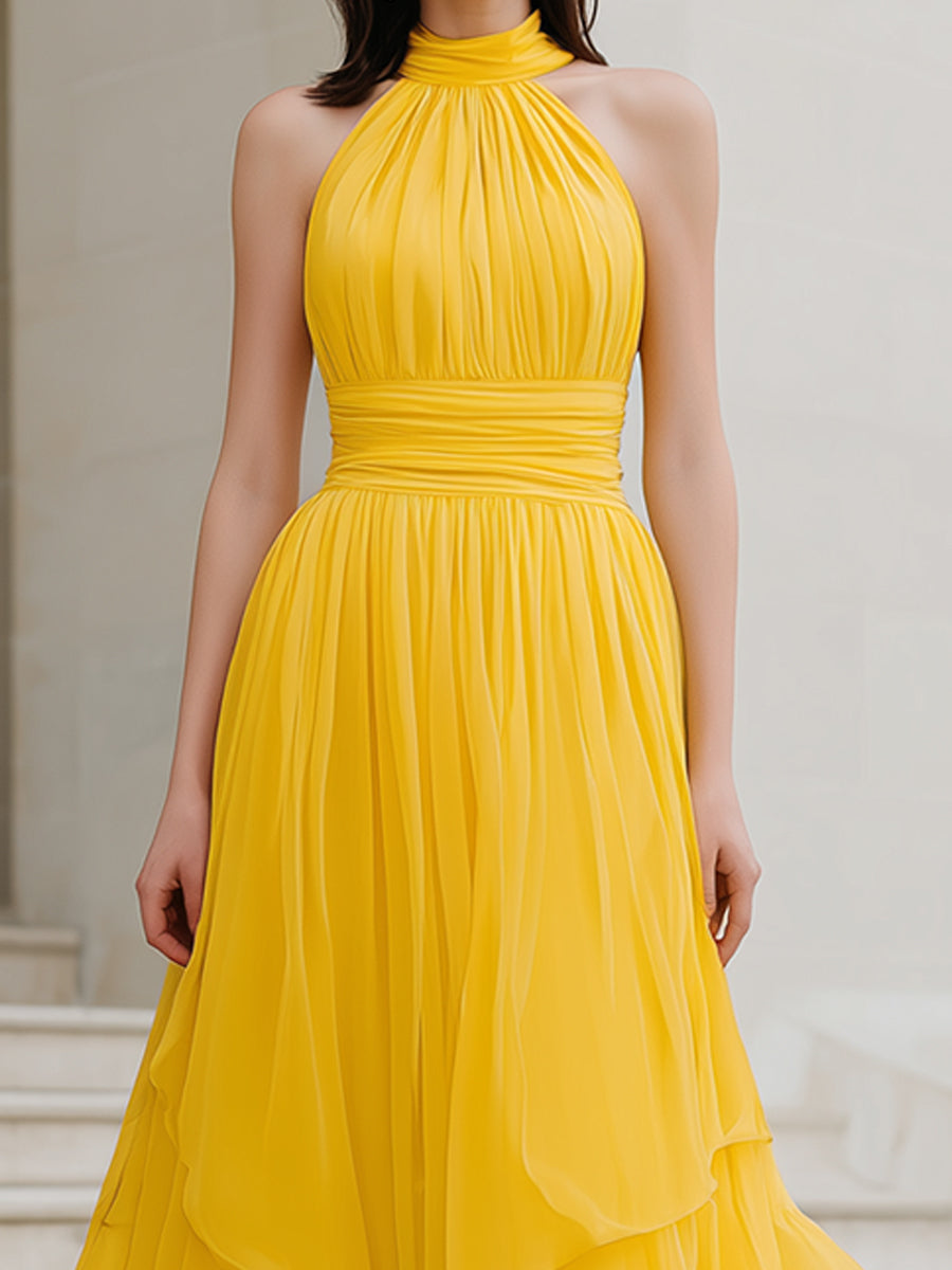 Yellow Halter Neck Pleated Chiffon Maxi Dress With Tiered Hem
