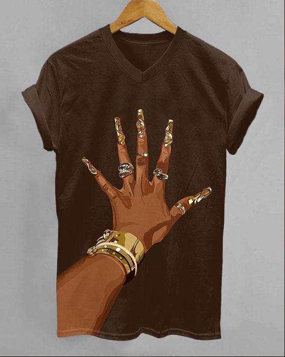 Brown Women Nails V-neck Short Sleeve Tshirt