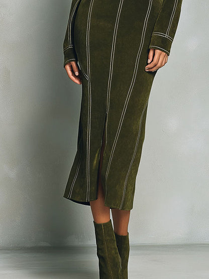 High Neck Zip-Up Olive Green Midi Dress With Contrast Stitching