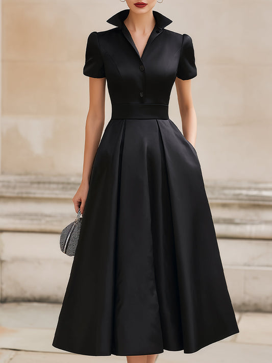 Timeless Black Pleated Midi Shirt Dress With Cinched Waist