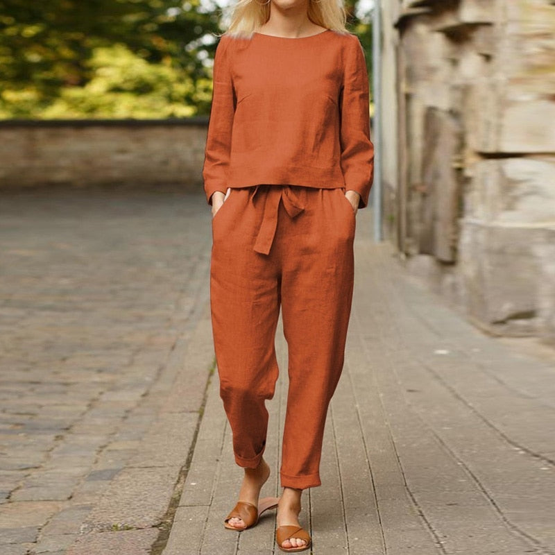 Round Neck Top and Drawstring Pants Two-piece Set