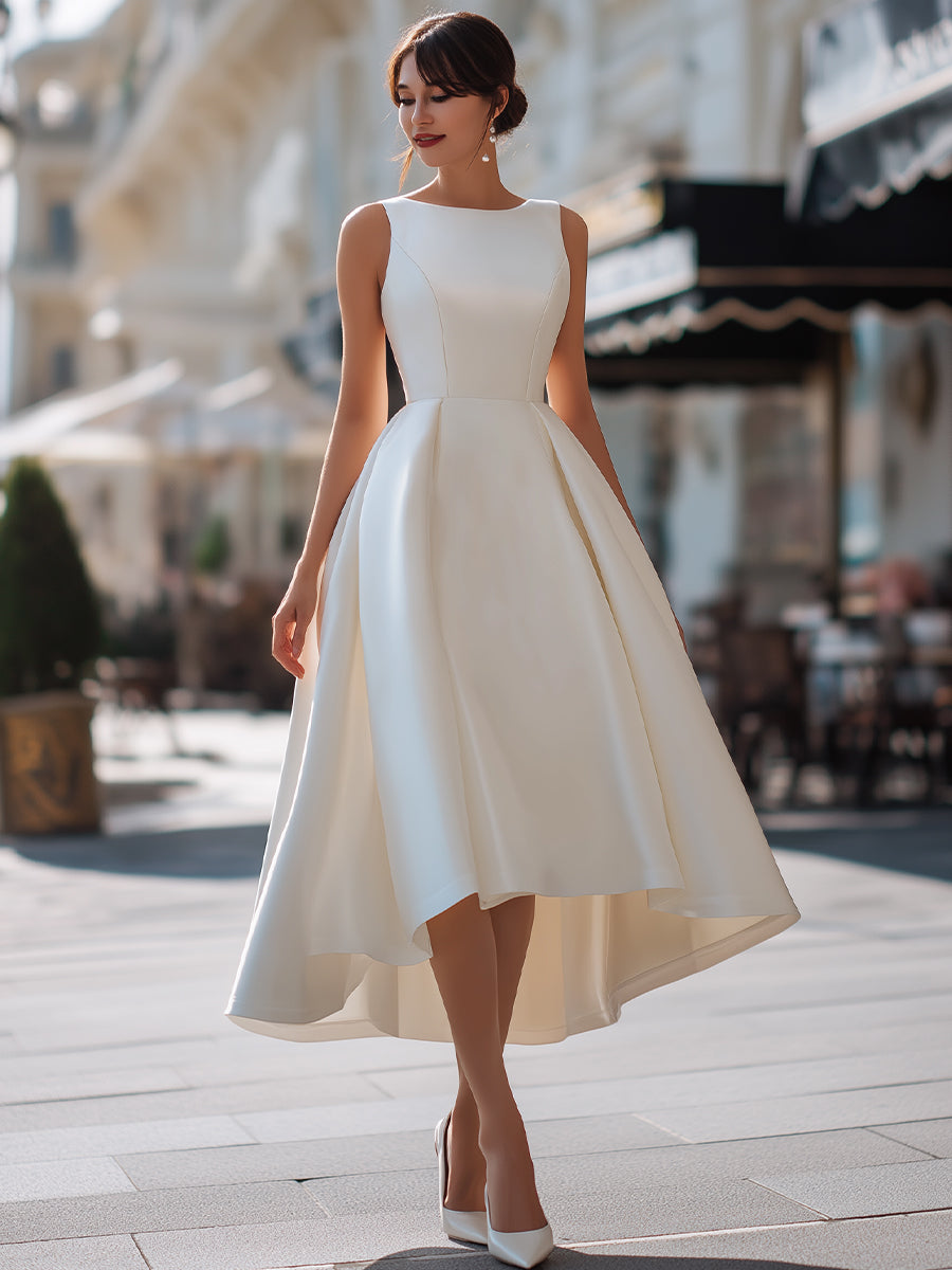Vintage-Inspired Satin High-Low A-Line Party Dress